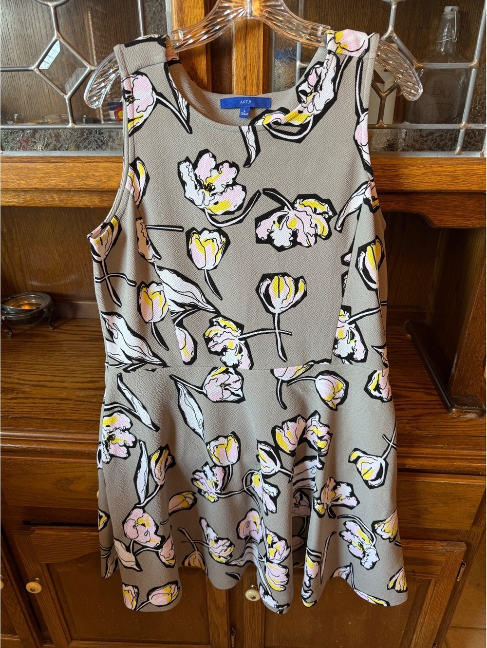 Apt 9 Floral Skater Dress Olive Green Yellow Pink Tulip Fit Flare Large